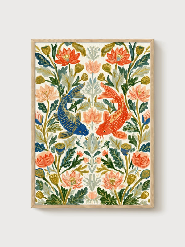 Koi Fish Wall Art poster in oak frame