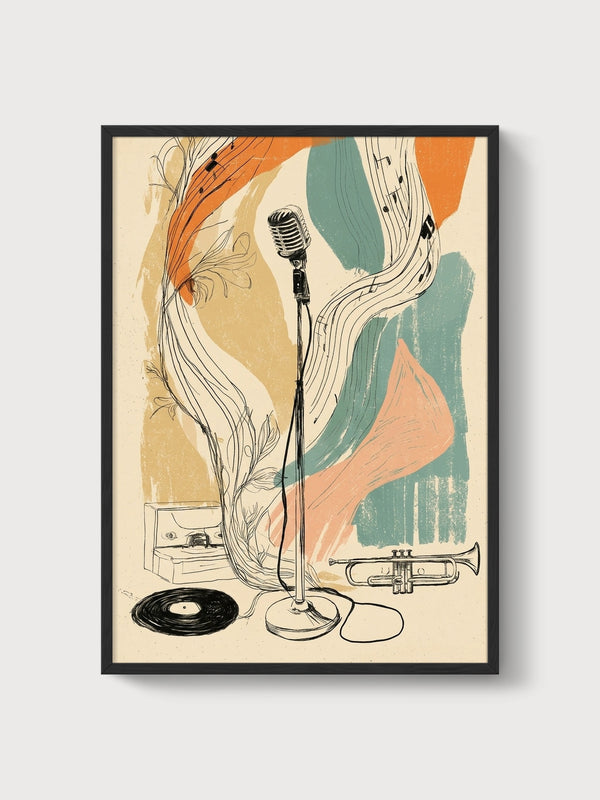 Vintage Microphone Music Poster poster in black frame