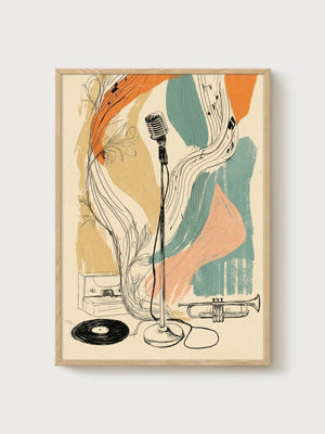 Vintage Microphone Music Poster poster in oak frame