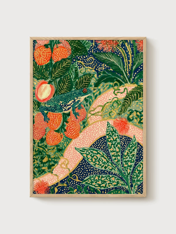 Frog in Strawberry Garden Print poster in oak frame