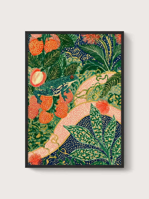 Frog in Strawberry Garden Print poster in black frame