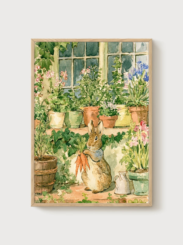 Peter Rabbit Watercolor Print poster in oak frame