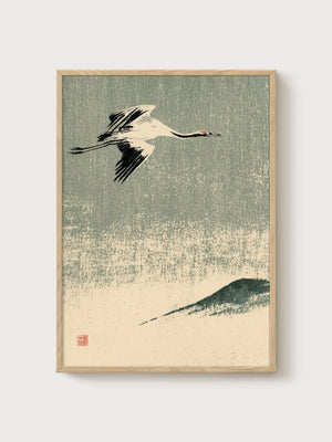 Crane Art Print poster in oak frame