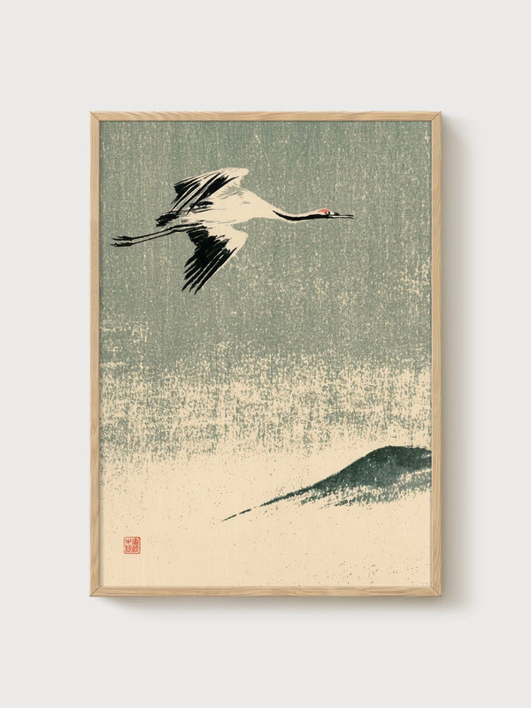 Crane Art Print poster in oak frame