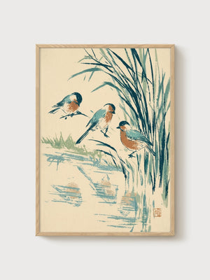 Japanese Bird Art Print poster in oak frame