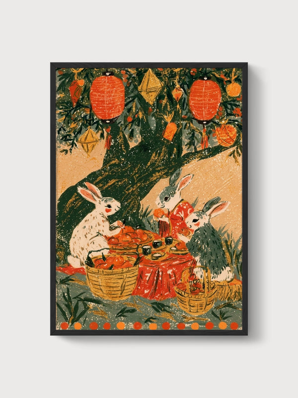 Tree Of Life Rabbit Folk Art Print poster in black frame
