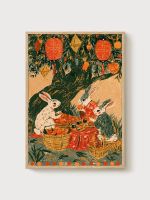 Tree Of Life Rabbit Folk Art Print poster in oak frame