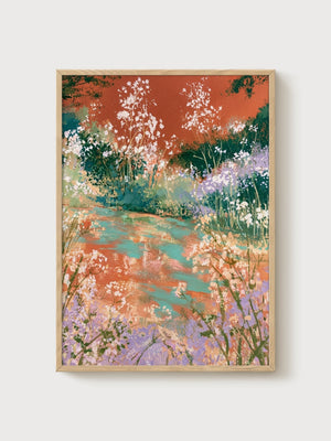 Watercolor Landscape Print poster in oak frame