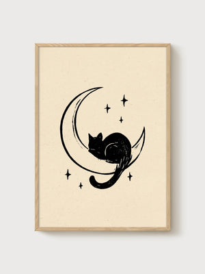 Black Cat Art Print poster in oak frame