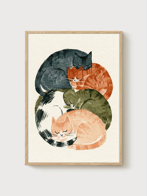 Sleeping Cats Watercolor Painting poster in oak frame