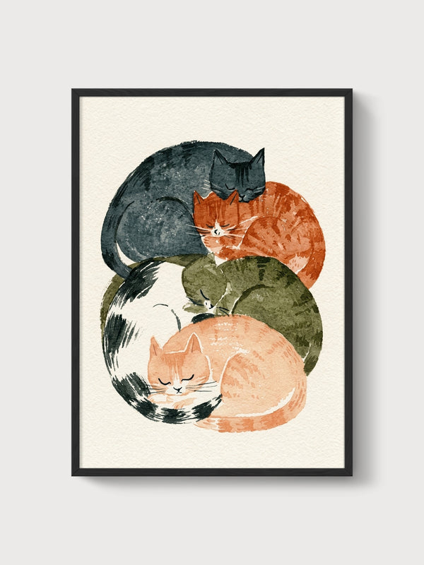 Sleeping Cats Watercolor Painting poster in black frame