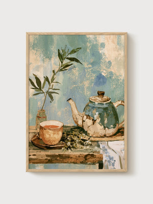 Kintsugi Teapot Watercolor Painting poster in oak frame