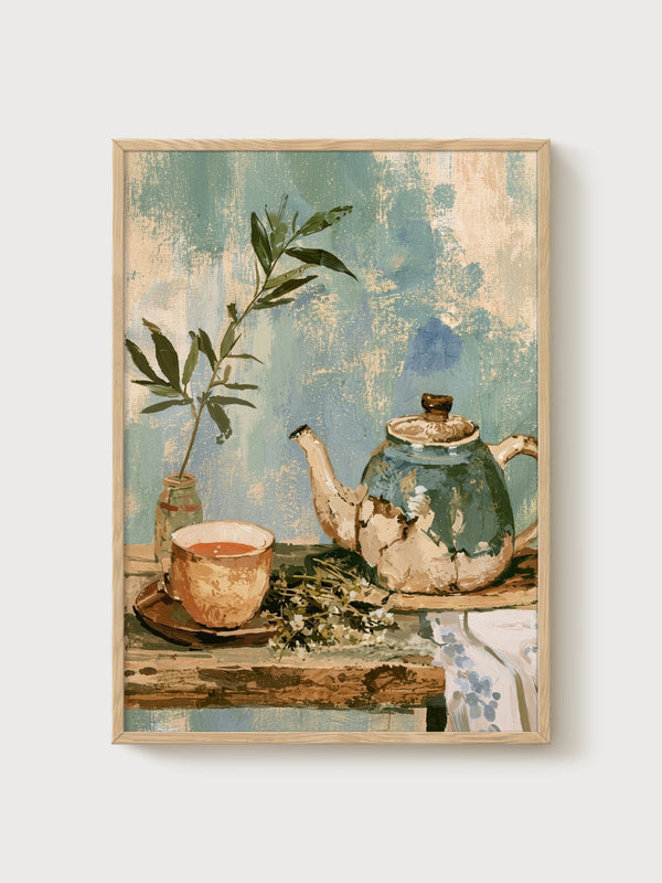 Kintsugi Teapot Watercolor Painting poster in oak frame