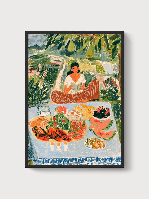 Woman Reading Book Garden Picnic Poster poster in black frame