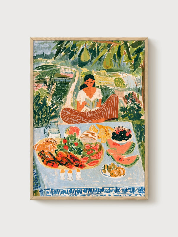 Woman Reading Book Garden Picnic Poster poster in oak frame