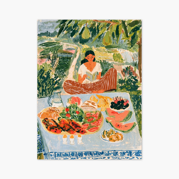 Woman Reading Book Garden Picnic Poster art print
