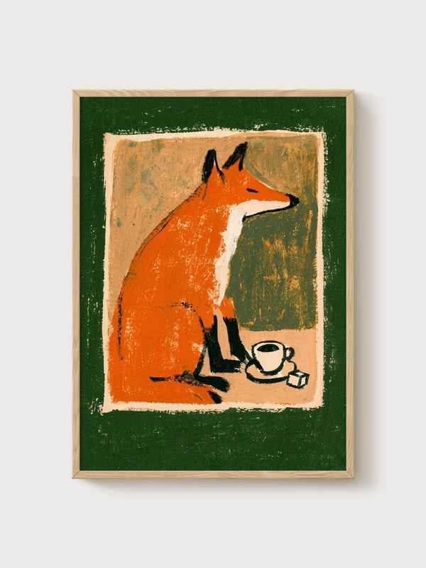 Fox Coffee Poster poster in oak frame