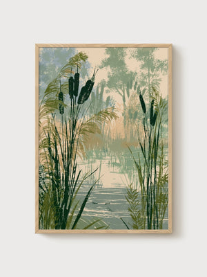 Cattails Marsh Landscape Print poster in oak frame