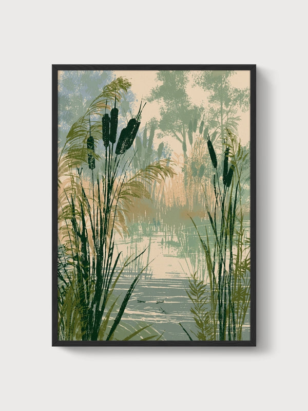Cattails Marsh Landscape Print poster in black frame