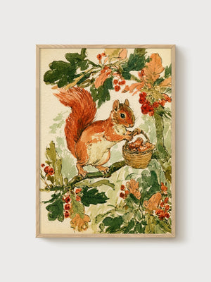 Vintage Red Squirrel Watercolor Painting poster in oak frame