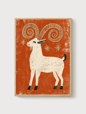 Aries Ram Folk Art Print poster in oak frame