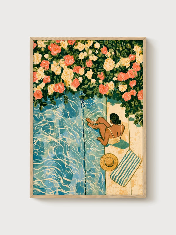 Poolside Roses Wall Art poster in oak frame