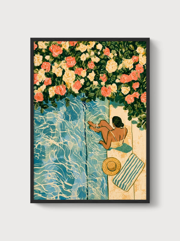 Poolside Roses Wall Art poster in black frame