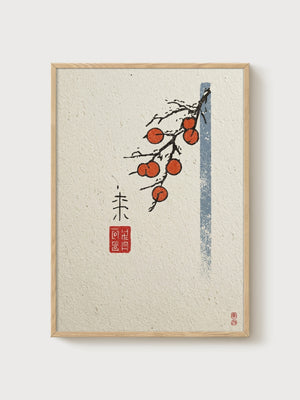 Persimmon Branch Woodblock Print poster in oak frame
