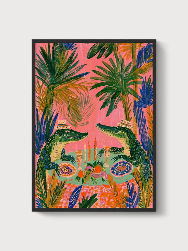 Alligator Dinner Party Poster poster in black frame