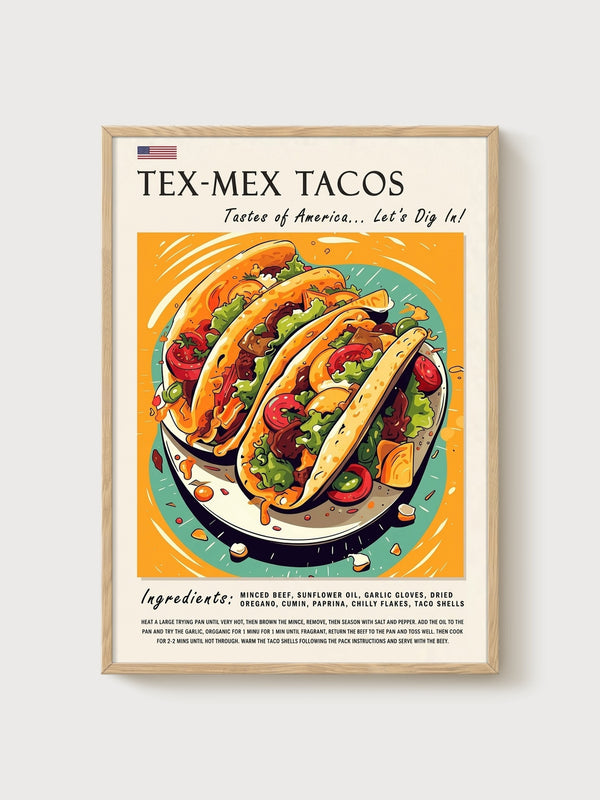 Tex-Mex Tacos Pop Art Poster poster in oak frame