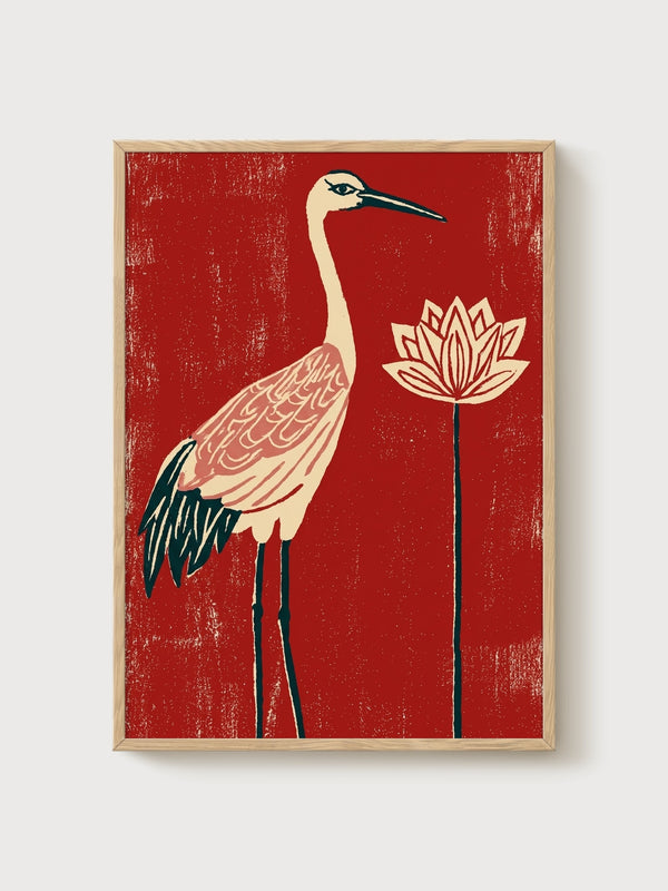 Crane and Lotus Print poster in oak frame