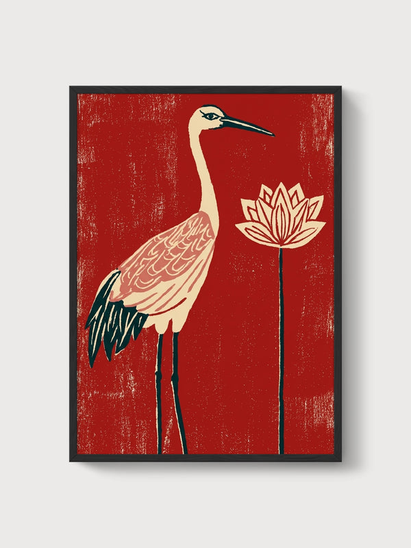 Crane and Lotus Print poster in black frame