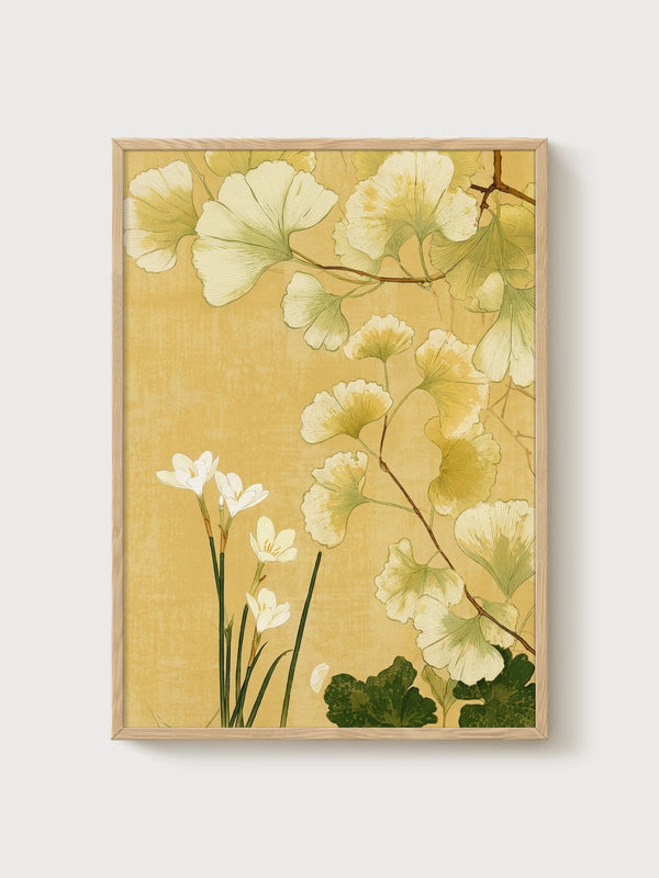 Ginkgo Biloba Watercolor Painting poster in oak frame