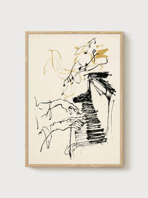 Abstract Line Art Pianist Print poster in oak frame