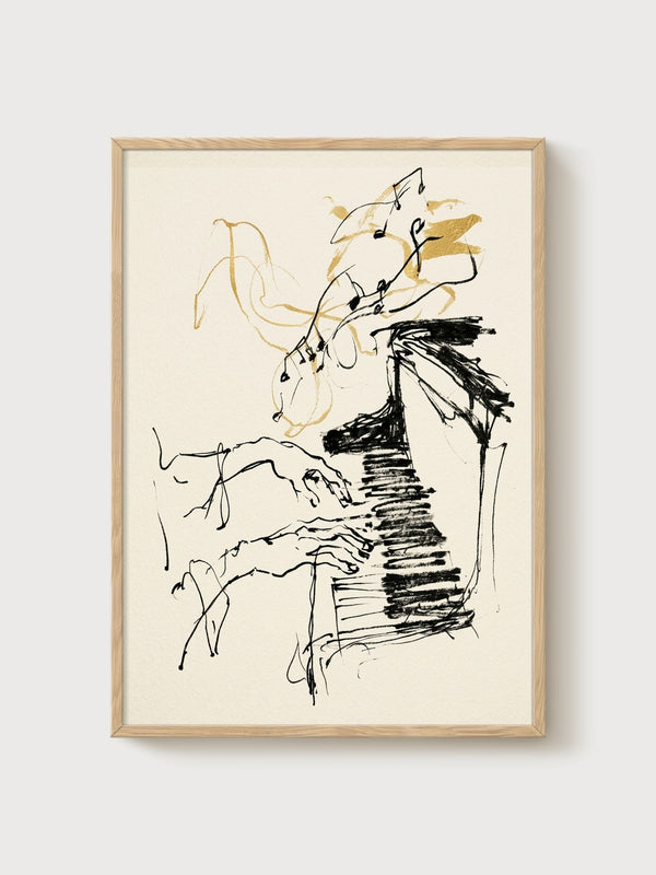 Abstract Line Art Pianist Print poster in oak frame