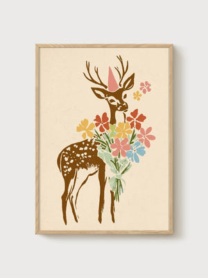 Deer Painting with Flowers poster in oak frame