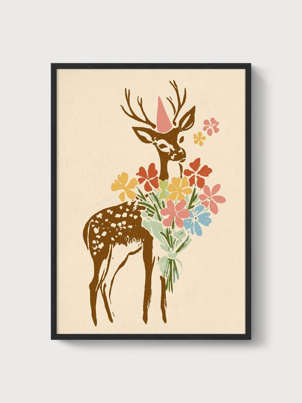 Deer Painting with Flowers poster in black frame