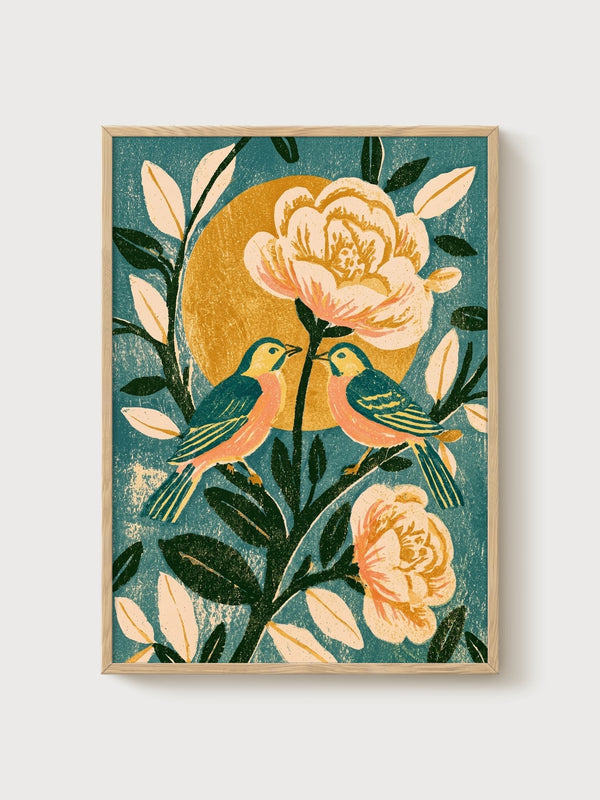 Art Nouveau Bird Print poster in oak frame