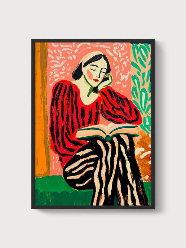Woman Reading Book Poster poster in black frame