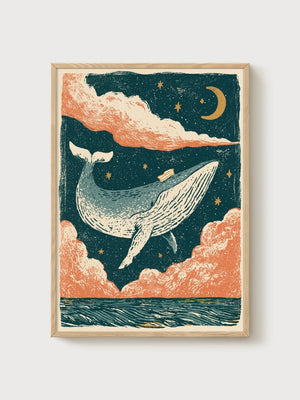 Whale Ocean Wall Art poster in oak frame