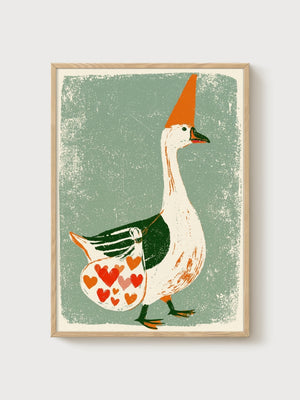 Silly Goose Print poster in oak frame