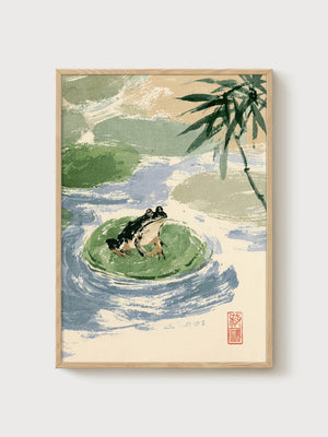 Japanese Woodblock Frog Poster poster in oak frame