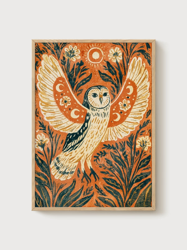 Owl Wall Art Print poster in oak frame