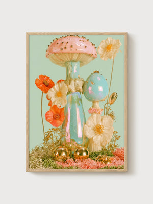 Whimsical Mushroom Wall Art poster in oak frame