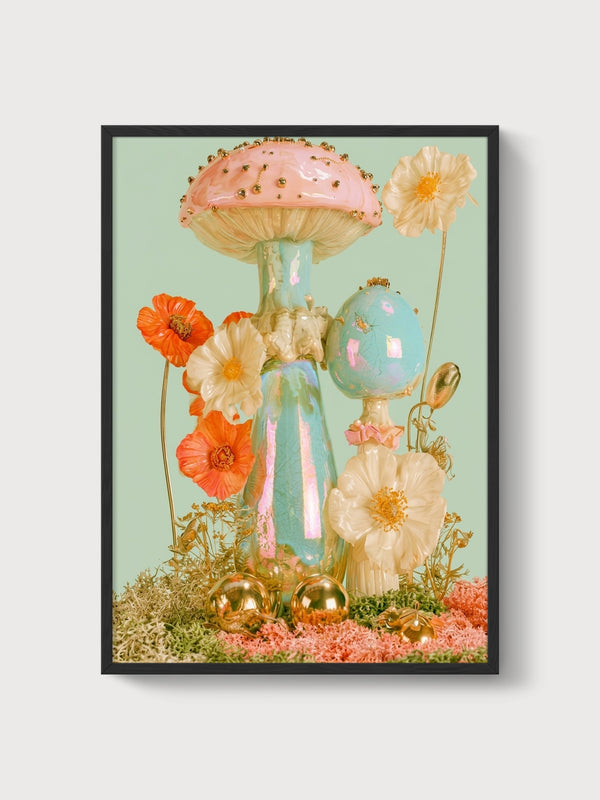 Whimsical Mushroom Wall Art poster in black frame