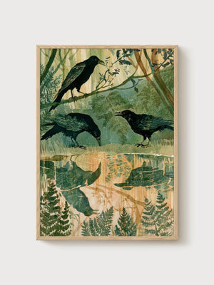 Vintage Crow Watercolor Print poster in oak frame