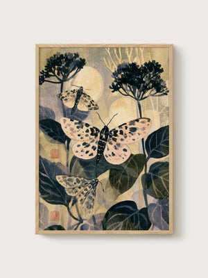 Japanese Moth Botanical Print poster in oak frame