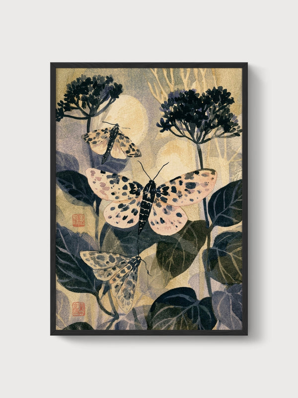 Japanese Moth Botanical Print poster in black frame