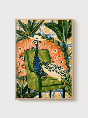 Peacock Art Nouveau Print poster in oak frame