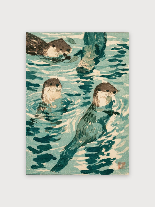 Otters Swimming Kelp Woodblock - Digital Download
